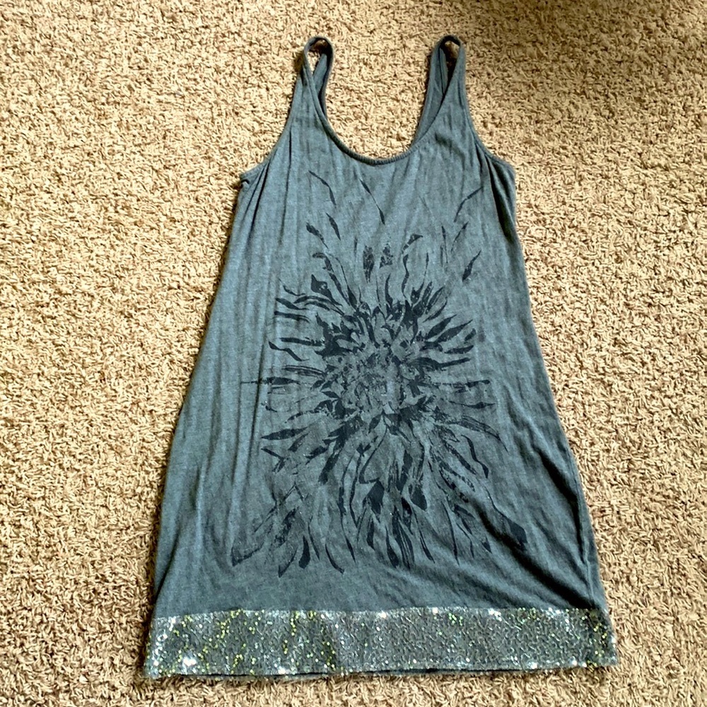 Express Floral Tank Dress M Gray Silver Pima Cotton Glitter Sequin Hem Glam
